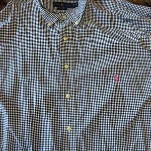 Dark blue and white button up shirt